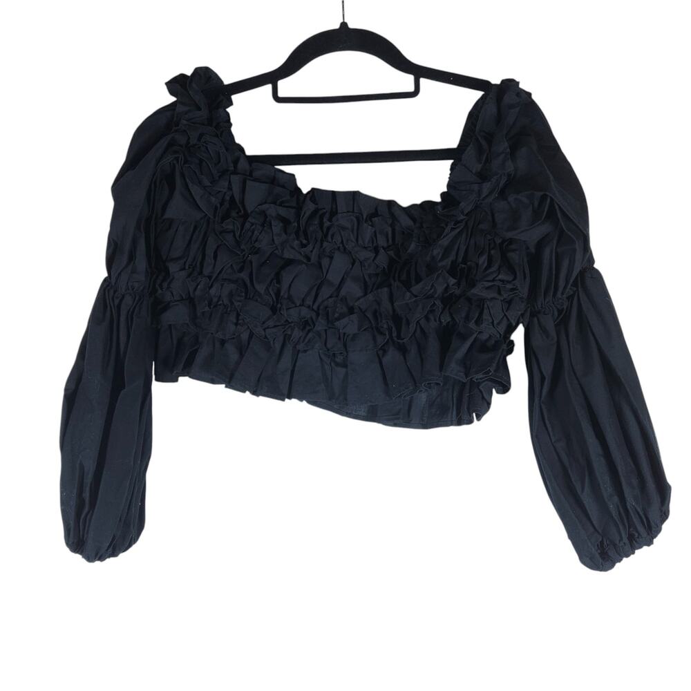 Margo Baridon Womens Crop Top Small Black Ruffle Long Sleeve Romantic Gothcore